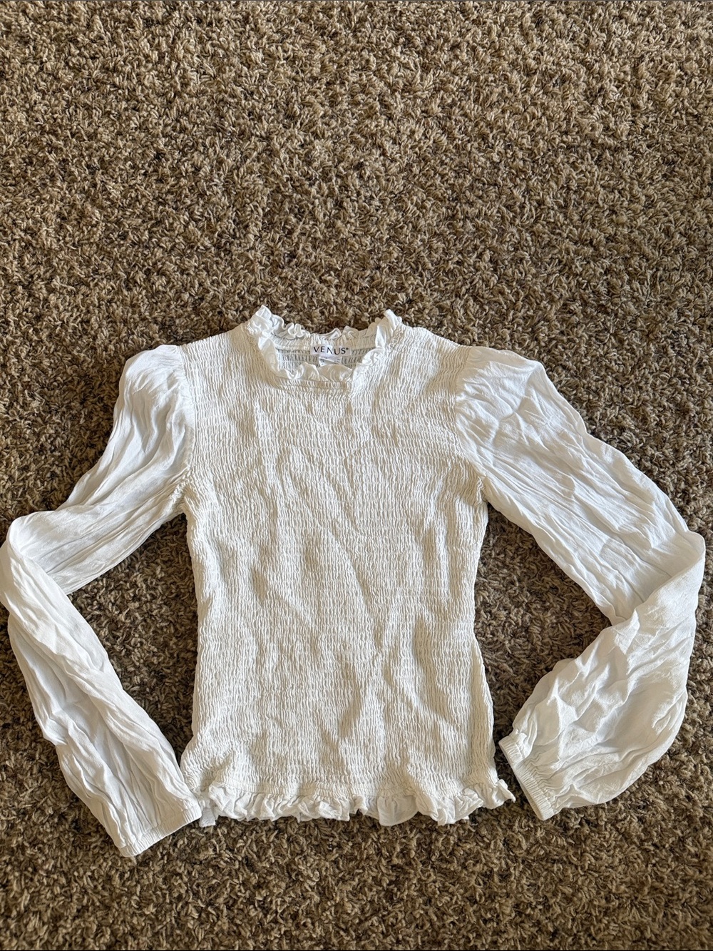 VENUS White Smocked Turtleneck Long Sleeve Blouse